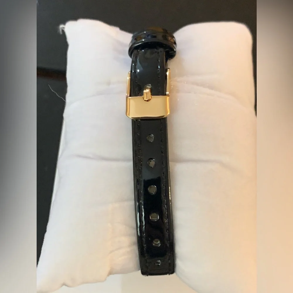 Austrian Crystal, Enameled Japanese Movement Watch. Black Faux Leather Band
